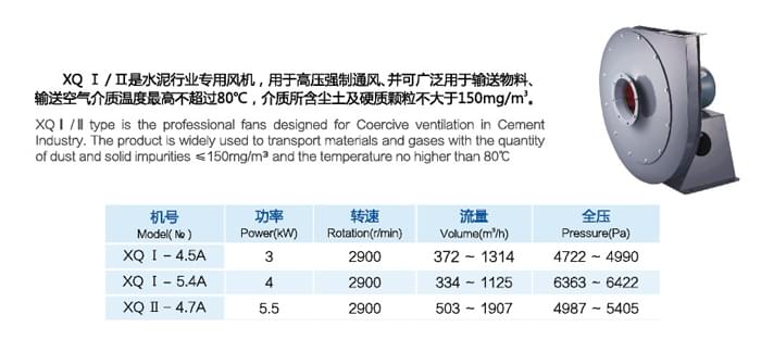 九洲XQ型高壓離心通風(fēng)機參數(shù)